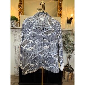 Rebecca Malone Blue Paisley Jacquard Button Front Jacket XL Cotton Blend Stretch